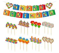 YSJCHEBS 24 Bloques De Construcción, 1 Bandera De Feliz Cumpleaños, Decoración Creativa para Tartas, Decoración para Tartas, Decoración De Fiesta De Cumpleaños Infantil