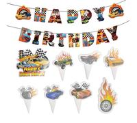 YSJCHEBS 29 Piezas De Decoraciones para Pasteles De Carreras De Llamas, 1 Pieza De Pancarta De Feliz Cumpleaños, Decoraciones para Fiestas De Cumpleaños para Niños