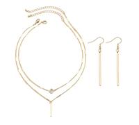 YSJCHEBS Juego De 2 Collares con Barra De Gota De Agua, 1 Par De Pendientes De Barra, Collares Multicapa para Mujer, Conjunto De Joyería, Accesorios De Joyería con Colgante, Collar Ajustable