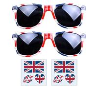 YSJCHEBS Pack De 2 Gafas Con Bandera, 2 Pegatinas De Tatuajes Británicos, Gafas De Sol Retro, Gafas De Sol Unisex, Decoración De Fiesta Británica, Aptas Para Uso En Exteriores