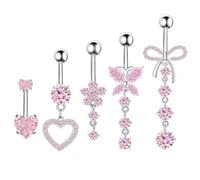 YSJCHEBS Pack De 5 Piercings De Ombligo De Circonio Rosa, Piercing De Ombligo, Barra De Abdominoplastia De Mariposa, Barra De Ombligo Rosa, Juego De Piercings De Ombligo, Anillo De Ombligo Colgante