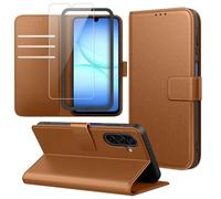 Ysjisy Funda Compatible con Samsung Galaxy A17 5G, Carcasa con 1 Pieza Cristal Templado Protector de Pantalla y Marco de Instalación Fácil, Cuero PU y Flip Case, Función de Soporte Caso - Marrón