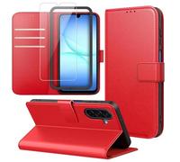 Ysjisy Funda Compatible con Samsung Galaxy A17 5G, Carcasa con 1 Pieza Cristal Templado Protector de Pantalla y Marco de Instalación Fácil, Cuero PU y Flip Case, Función de Soporte Caso - Rojo