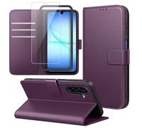Ysjisy Funda Compatible con Samsung Galaxy A17 5G, Carcasa con 1 Pieza Cristal Templado Protector de Pantalla y Marco de Instalación Fácil, Cuero PU y Flip Case, Función de Soporte Caso - Morado
