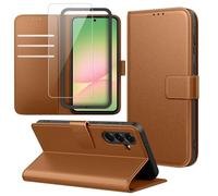 Ysjisy Funda Compatible con Samsung Galaxy A56 5G, Carcasa con 1 Pieza Cristal Templado Protector de Pantalla y Marco de Instalación Fácil, Cuero PU y Flip Case, Función de Soporte Caso - Marrón