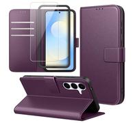 Ysjisy Funda Compatible con Samsung Galaxy S25 FE 5G, Carcasa con 1 Pieza Cristal Templado Protector de Pantalla y Marco de Instalación Fácil, Cuero PU y Flip Case, Función de Soporte Caso - Morado