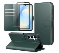 Ysjisy Funda Compatible con Samsung Galaxy S25 FE 5G, Carcasa con 1 Pieza Cristal Templado Protector de Pantalla y Marco de Instalación Fácil, Cuero PU y Flip Case, Función de Soporte Caso - Verde