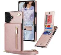 Ysnzaq Cuerda Funda para iPhone 16 6.1" con Soporte, Premium PU Cuero Billetera Funda con [Ranuras para Tarjetas] [Collar] Zipper Funda para iPhone 16 / Apple 16.XK Rose Gold