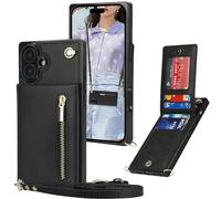 Ysnzaq Cuerda Funda para iPhone 16 Plus 6.7" con Soporte, Premium PU Cuero Billetera Funda con [Ranuras para Tarjetas] [Collar] Zipper Funda para iPhone 16 Plus/Apple 16 Plus.XK Black