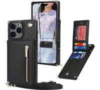 Ysnzaq Cuerda Funda para iPhone 16 Pro 6.3" con Soporte, Premium PU Cuero Billetera Funda con [Ranuras para Tarjetas] [Collar] Zipper Funda para iPhone 16 Pro/Apple 16 Pro.XK Black