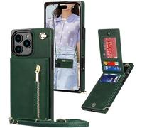 Ysnzaq Cuerda Funda para iPhone 16 Pro 6.3" con Soporte, Premium PU Cuero Billetera Funda con [Ranuras para Tarjetas] [Collar] Zipper Funda para iPhone 16 Pro/Apple 16 Pro.XK Green