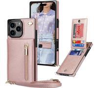 Ysnzaq Cuerda Funda para iPhone 16 Pro 6.3" con Soporte, Premium PU Cuero Billetera Funda con [Ranuras para Tarjetas] [Collar] Zipper Funda para iPhone 16 Pro/Apple 16 Pro.XK Rose Gold