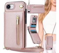Ysnzaq Cuerda Funda para iPhone 17e /16e 6.1" con Soporte, Premium PU Cuero Billetera Funda con [Ranuras para Tarjetas] [Collar] Zipper Funda para iPhone 17e /16e.XK Rose Gold