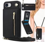 Ysnzaq Cuerda Funda para iPhone 17e /16e 6.1" con Soporte, Premium PU Cuero Billetera Funda con [Ranuras para Tarjetas] [Collar] Zipper Funda para iPhone 17e /16e.XK Black