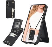 Ysnzaq Cuerda Funda para Samsung Galaxy S24 FE (Not S24) 6.7" con Soporte, Premium PU Cuero Billetera Funda con [Ranuras para Tarjetas] [Collar] Zipper Funda para Samsung Galaxy S24 FE.XK Black
