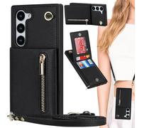 Ysnzaq Cuerda Funda para Samsung Galaxy S25 FE con Ranuras para Tarjetas, Premium PU Cuero Billetera Funda con Soporte [Collar] Zipper Funda para Samsung S25FE-XK Black