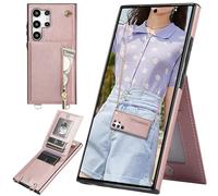 Ysnzaq Funda con Cuerda para Samsung Galaxy S24 Ultra (Not S24), Premium PU Cuero Billetera Funda con [Ranuras para Tarjetas] [Collar] Zipper Funda para Samsung Galaxy S24 Ultra.XK Rose Gold