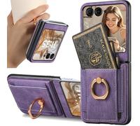 Ysnzaq Funda para Motorola Razr 70 Plus/Razr 50 Ultra/Razr 60 Pro con tarjetero y soporte de anillo, funda de piel sintética retro a prueba de golpes con soporte para Moto Razr Plus 2026 ZCK-morado
