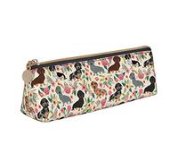 YsoLda Estuche para lápices, Estuche para lápices Triangular con Estampado de Flores Rosas y Perros Salchicha, Estuche portátil de Cuero para la Escuela y la Oficina