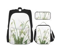 YsoLda Juego de Mochila, Mochila Escolar, Mochila, Juego de 3 Piezas con Bolsa de Almuerzo, Estuche para lápices,Pintura De Acuarela Botánica De Flor De Campanilla Blanca