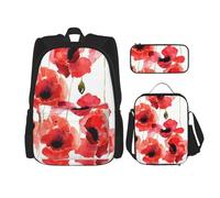 YsoLda Juego de Mochila, Mochila Escolar, Mochila, Juego de 3 Piezas con Bolsa de Almuerzo, Estuche para lápices,Amapolas De Acuarela