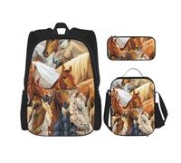 YsoLda Juego de Mochila, Mochila Escolar, Mochila, Juego de 3 Piezas con Bolsa de Almuerzo, Estuche para lápices,Acuarela Animal Caballo Impreso