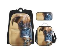 YsoLda Juego de Mochila, Mochila Escolar, Mochila, Juego de 3 Piezas con Bolsa de Almuerzo, Estuche para lápices,Perros Boxer Cachorros Mascotas Perros