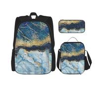 YsoLda Juego de Mochila, Mochila Escolar, Mochila, Juego de 3 Piezas con Bolsa de Almuerzo, Estuche para lápices,Pintura Abstracta Brillo Dorado Mármol Azul