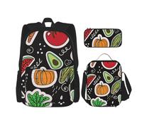 YsoLda Juego de Mochila, Mochila Escolar, Mochila, Juego de 3 Piezas con Bolsa de Almuerzo, Estuche para lápices,Frutas De Verduras De Dibujos Animados