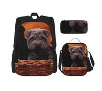 YsoLda Juego de Mochila, Mochila Escolar, Mochila, Juego de 3 Piezas con Bolsa de Almuerzo, Estuche para lápices,Shar Pei Cachorro Negro Perros Pequeños Cachorro Gris Mascotas