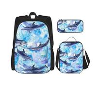 YsoLda Juego de Mochila, Mochila Escolar, Mochila, Juego de 3 Piezas con Bolsa de Almuerzo, Estuche para lápices,Pintura Delfín