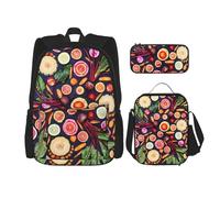 YsoLda Juego de Mochila, Mochila Escolar, Mochila, Juego de 3 Piezas con Bolsa de Almuerzo, Estuche para lápices,Vegano Frutas Vivas Verduras Imprimir