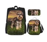YsoLda Juego de Mochila, Mochila Escolar, Mochila, Juego de 3 Piezas con Bolsa de Almuerzo, Estuche para lápices,Schnauzer Atardecer Perros Mascotas Montañas Schnauzer