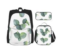 YsoLda Juego de Mochila, Mochila Escolar, Mochila, Juego de 3 Piezas con Bolsa de Almuerzo, Estuche para lápices,Ramas De Hojas De Eucalipto Acuarela