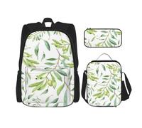 YsoLda Juego de Mochila, Mochila Escolar, Mochila, Juego de 3 Piezas con Bolsa de Almuerzo, Estuche para lápices,Impresión artística de Olivo de Hoja Verde
