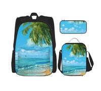 YsoLda Juego de Mochila, Mochila Escolar, Mochila, Juego de 3 Piezas con Bolsa de Almuerzo, Estuche para lápices,Imprimir Océano Mar Playa Palmeras Hojas