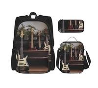 YsoLda Juego de Mochila, Mochila Escolar, Mochila, Juego de 3 Piezas con Bolsa de Almuerzo, Estuche para lápices,Guitarra Bajo Música Impreso