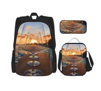 YsoLda Juego de Mochila, Mochila Escolar, Mochila, Juego de 3 Piezas con Bolsa de Almuerzo, Estuche para lápices,Copa De Vino En La Puesta De Sol Impresa