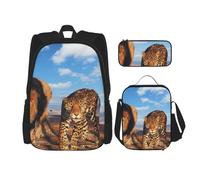 YsoLda Juego de Mochila, Mochila Escolar, Mochila, Juego de 3 Piezas con Bolsa de Almuerzo, Estuche para lápices,León, Leopardo y Tigre luchan por la Comida Impresa.