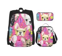 YsoLda Juego de Mochila, Mochila Escolar, Mochila, Juego de 3 Piezas con Bolsa de Almuerzo, Estuche para lápices,Cachorro Bulldog Francés Acuarela