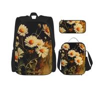 YsoLda Juego de Mochila, Mochila Escolar, Mochila, Juego de 3 Piezas con Bolsa de Almuerzo, Estuche para lápices,Margaritas Vintage Pintura A La Acuarela