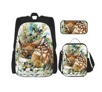 YsoLda Juego de Mochila, Mochila Escolar, Mochila, Juego de 3 Piezas con Bolsa de Almuerzo, Estuche para lápices,Ciervo de Vida Silvestre Acuarela