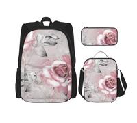 YsoLda Juego de Mochila, Mochila Escolar, Mochila, Juego de 3 Piezas con Bolsa de Almuerzo, Estuche para lápices,Flores Rosadas Acuarela Floral Rosa Hojas Grises Splash