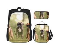 YsoLda Juego de Mochila, Mochila Escolar, Mochila, Juego de 3 Piezas con Bolsa de Almuerzo, Estuche para lápices,Perros Boxer Cachorros Mascotas Perros De Familia
