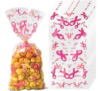 Ysqool 50 bolsas de regalo de celofán para apoyar el cáncer de mama con lazos giratorios, bolsas de plástico impresas con cinta rosa, bolsas de regalo para dulces para concienciación sobre el cáncer