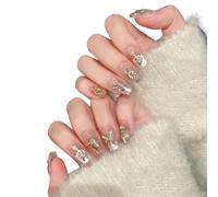 YsRoad Uñas Postizas - Handmade Press On Nails 3D,Cortas, Almendradas, Largas, Stiletto, Cuadrados, Ataúd y Punta Francesa con Pedrería de Flores Doradas, Adhesivo Removible,talla L