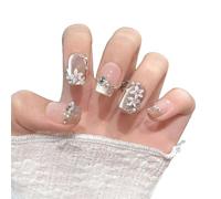 YsRoad Uñas Postizas - Handmade Press On Nails 3D,Cortas, Almendradas, Largas, Stiletto, Cuadrados, Ataúd y Punta Francesa con Pedrería de Flores Doradas, Adhesivo Removible,talla L