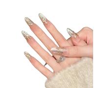 YsRoad Uñas Postizas - Handmade Press On Nails 3D,Cortas, Almendradas, Largas, Stiletto, Cuadrados, Ataúd y Punta Francesa con Pedrería de Flores Doradas, Adhesivo Removible,talla L