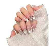 YsRoad Uñas Postizas - Handmade Press On Nails 3D,Cortas, Almendradas, Largas, Stiletto, Cuadrados, Ataúd y Punta Francesa con Pedrería de Flores Doradas, Adhesivo Removible,talla L