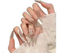 YsRoad Uñas Postizas - Handmade Press On Nails 3D,Cortas, Almendradas, Largas, Stiletto, Cuadrados, Ataúd y Punta Francesa con Pedrería de Flores Doradas, Adhesivo Removible,talla L